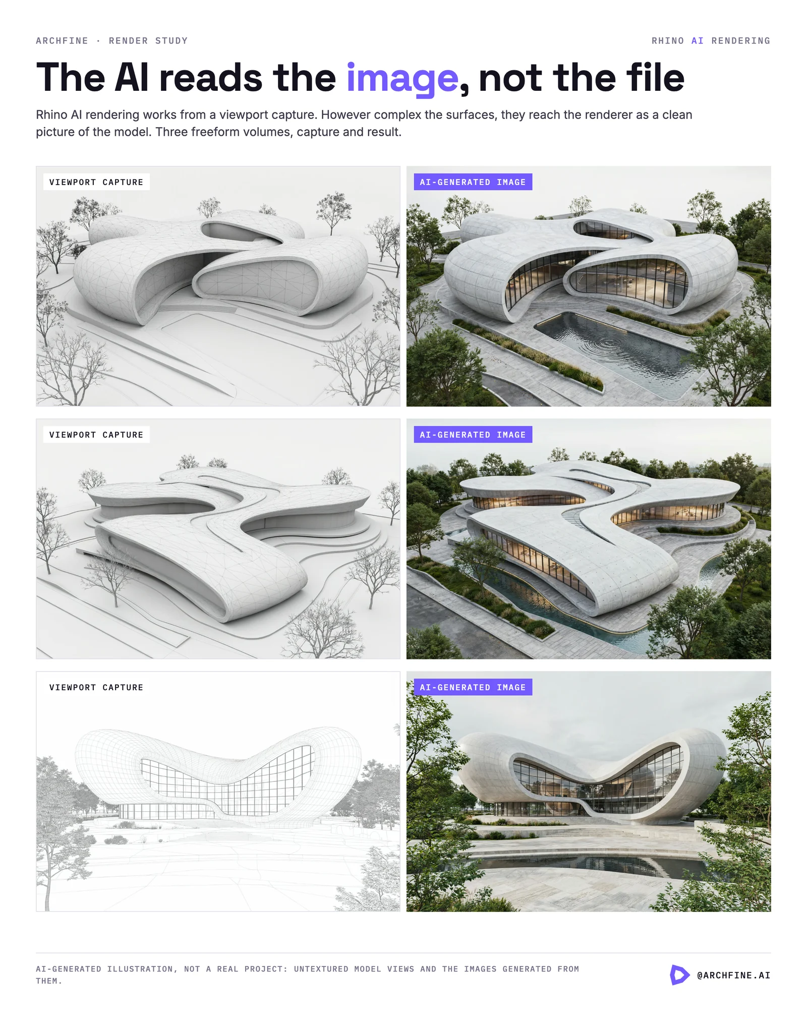 Three freeform buildings shown as untextured viewport captures beside AI-generated images of the same forms