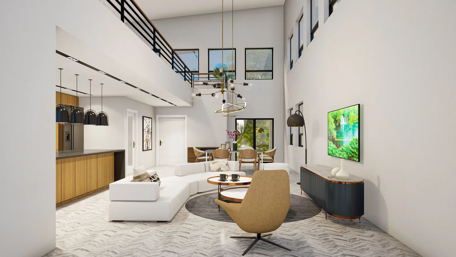 Rendered double height living room with a gallery, pendant lights and a curved white sofa
