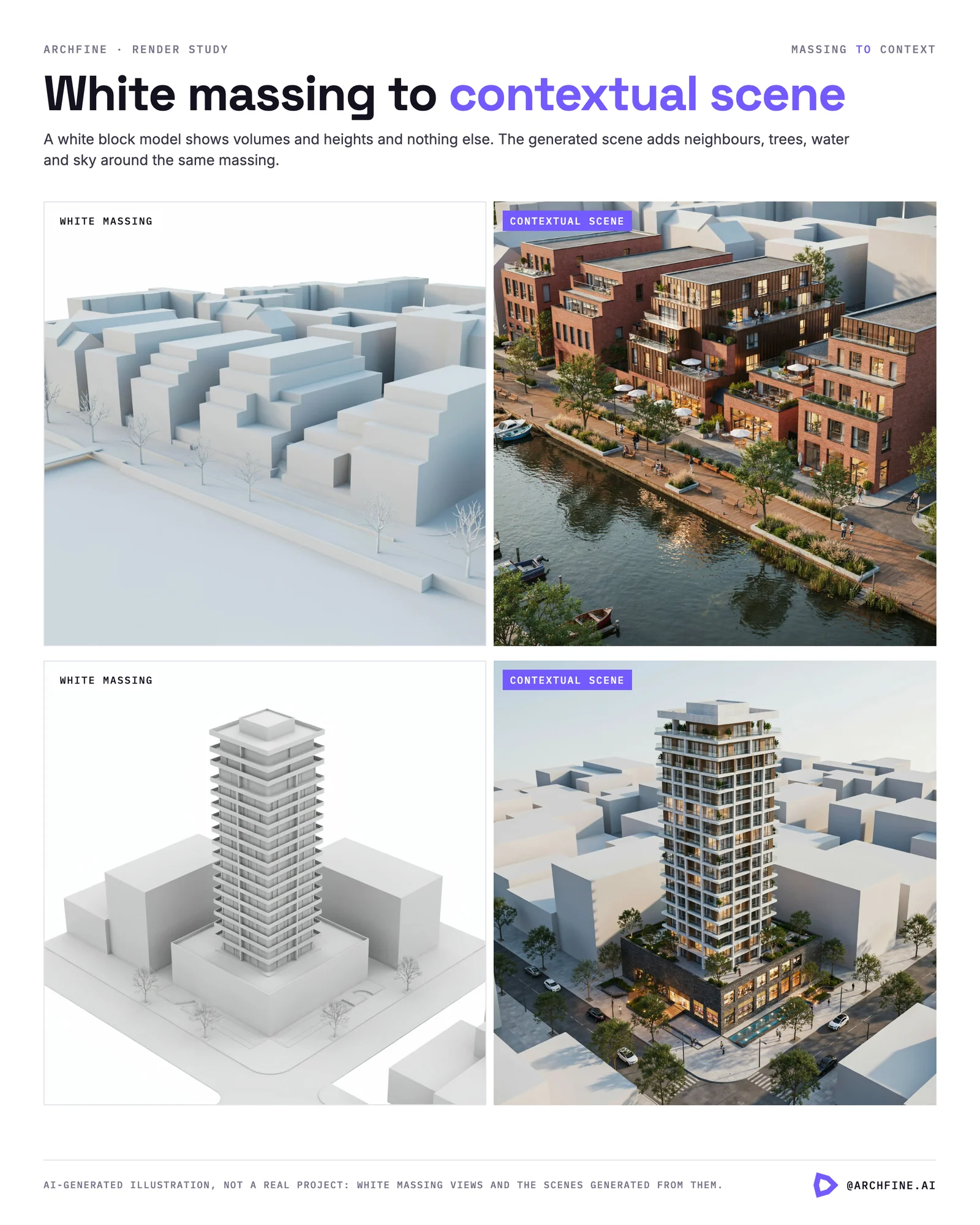 Two white massing models, a canal block and a tower, each beside a generated scene with neighbours, trees and sky