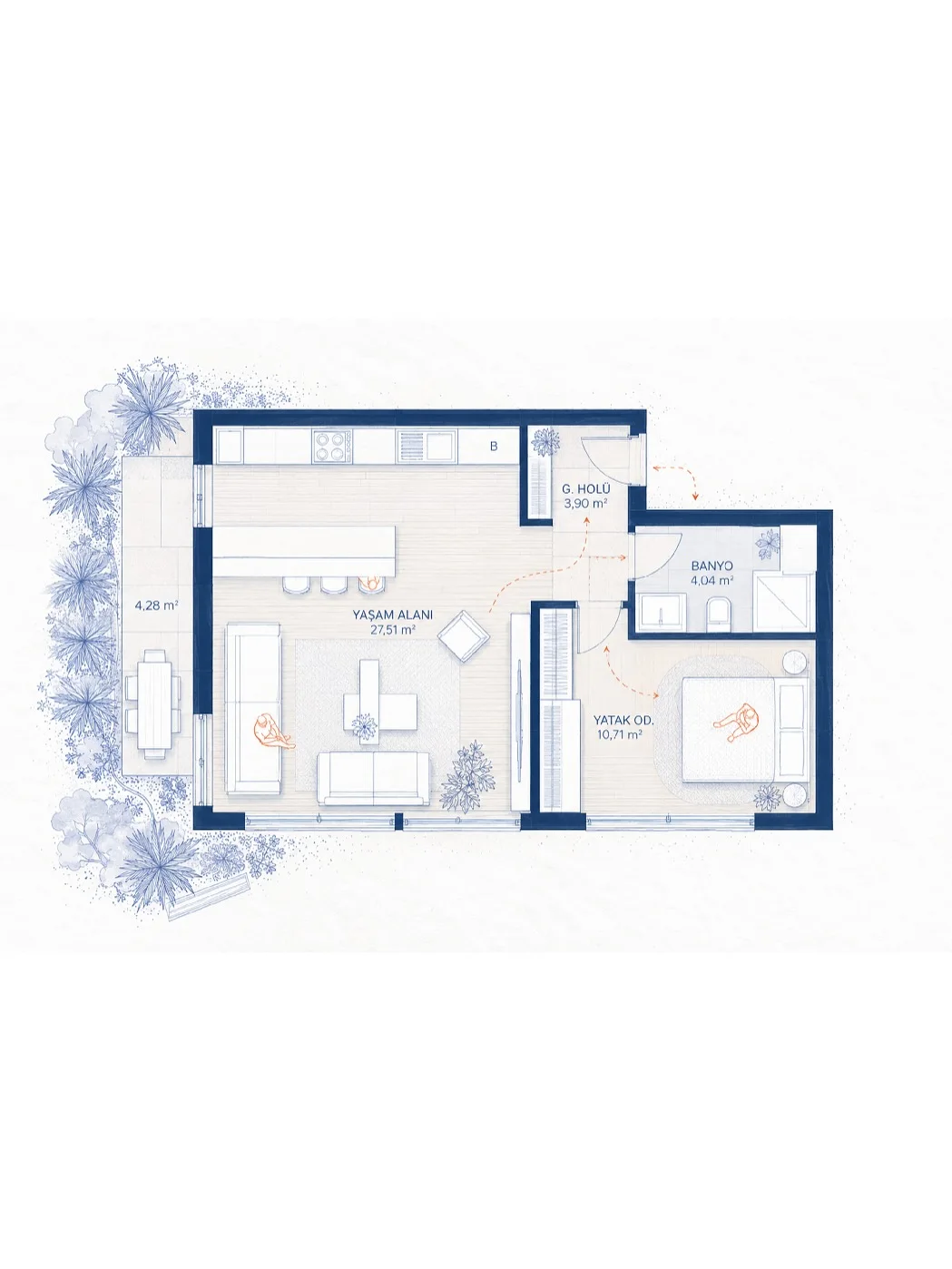 Small blue line apartment floor plan with a floral decorative border, rendered with color and furniture
