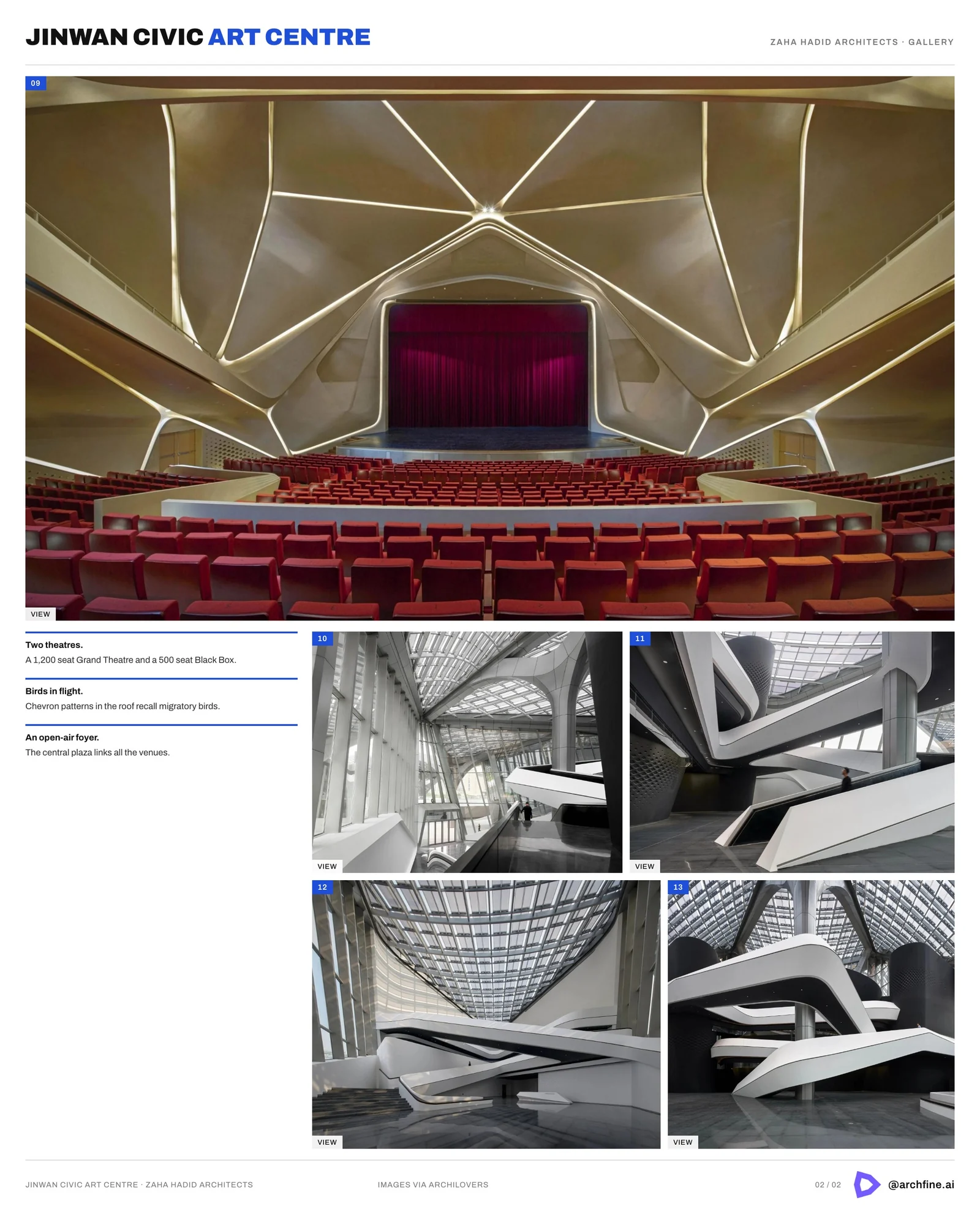 Second board sheet for Jinwan Civic Art Centre by Zaha Hadid Architects, showing the theatre hall and sculpted interior stairs