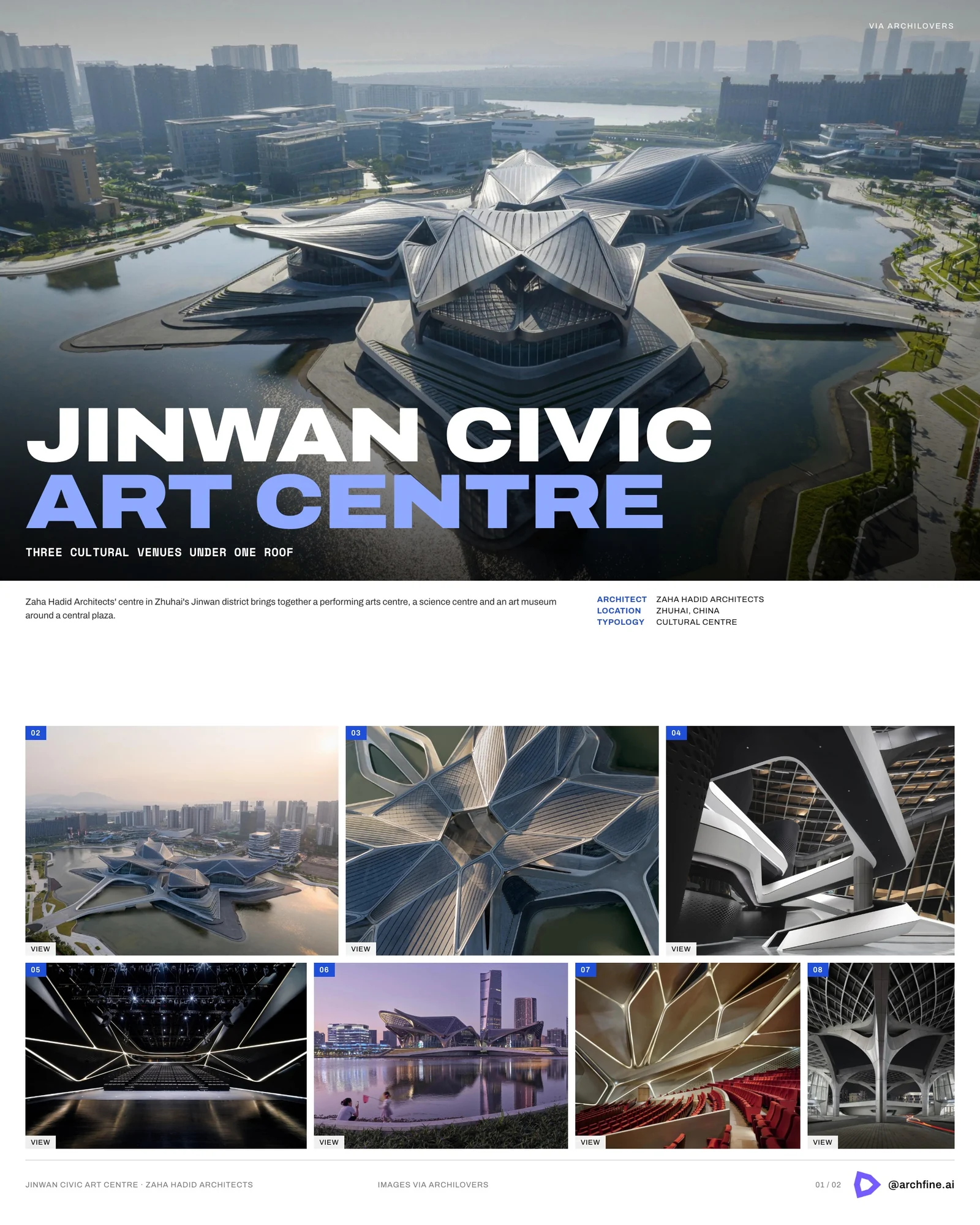 Presentation board of Jinwan Civic Art Centre by Zaha Hadid Architects in Zhuhai, with the folded roof over three venues